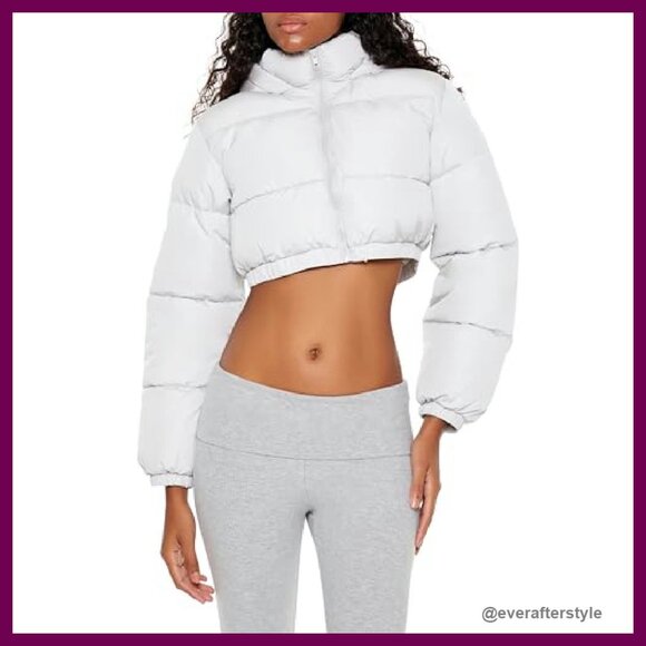 Super Cropped Puffer Jacket Quilted Channel Stitch Hood Funnel Neck Y2K - Picture 2 of 6